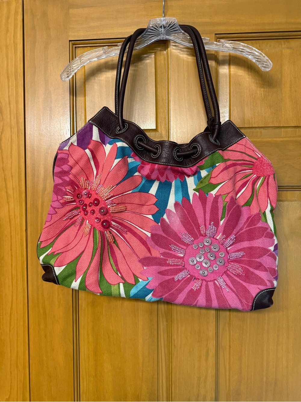 Brighton Pink Floral Canvas Tote with Brown Trim and Sequin/Bead Accents